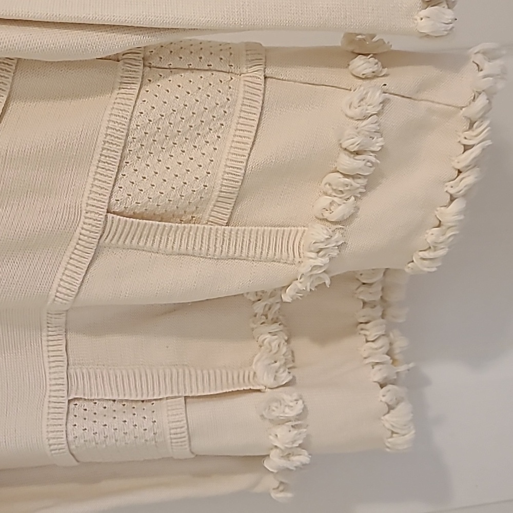 Tory Burch Women’s Baja Mixed Knit Hoodie Cream Tassel V Neck Pullover Sweater L - Picture 2 of 4